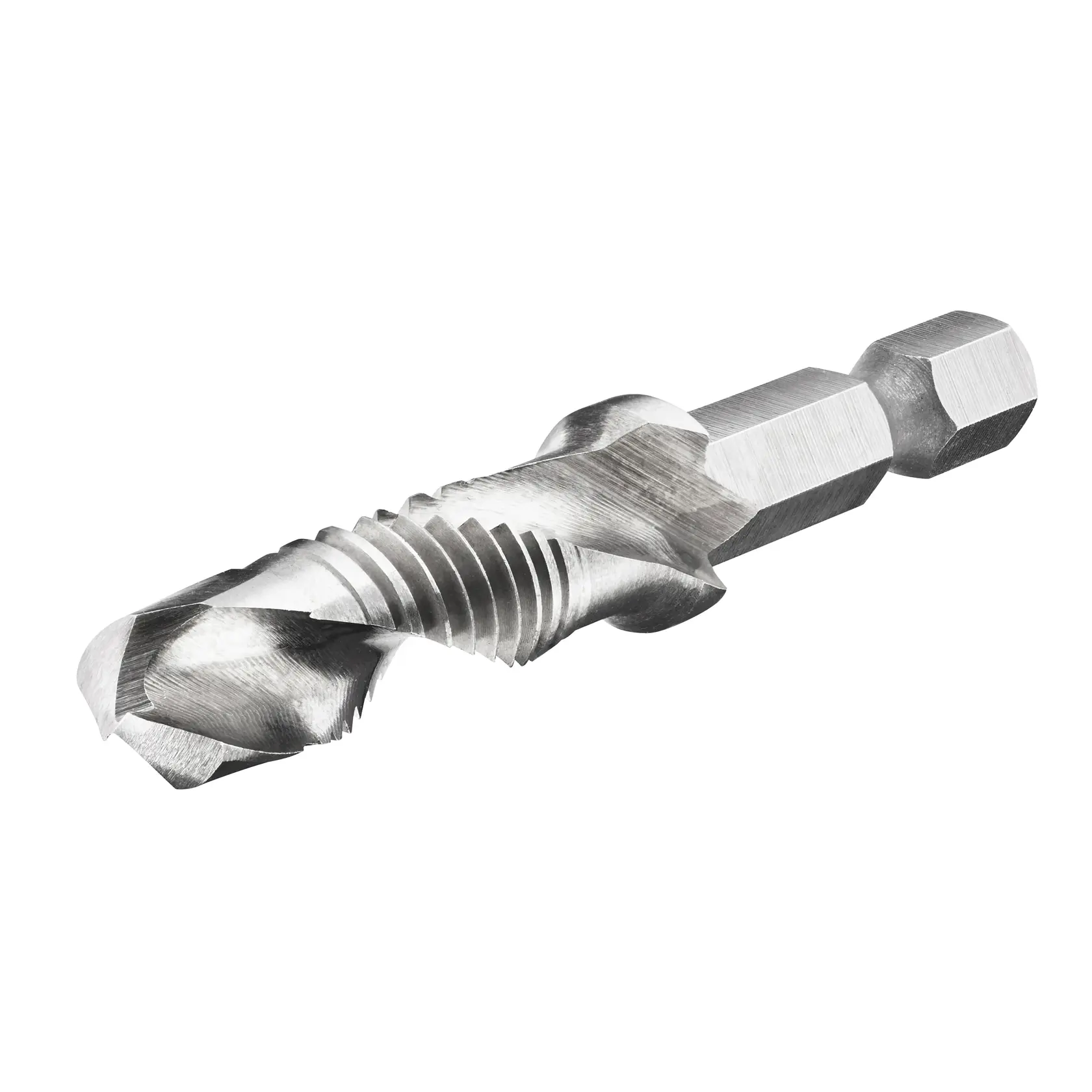 A close-up view of a DEWALT DT50060 metal drill tap bit with a hex shank, used for drilling and threading holes.