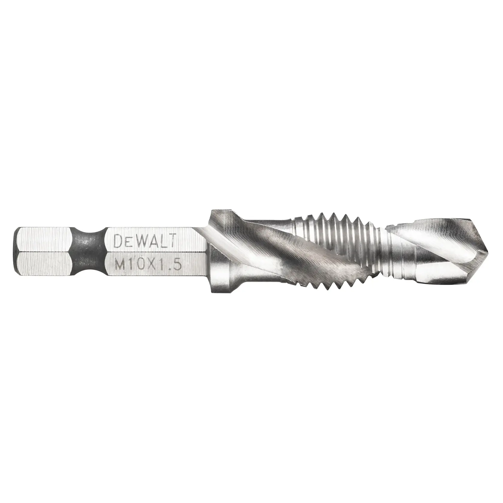 Close-up image of a DEWALT M10 x 1.5 metal tap drill bit with hex shank, designed for drilling and threading metal surfaces.