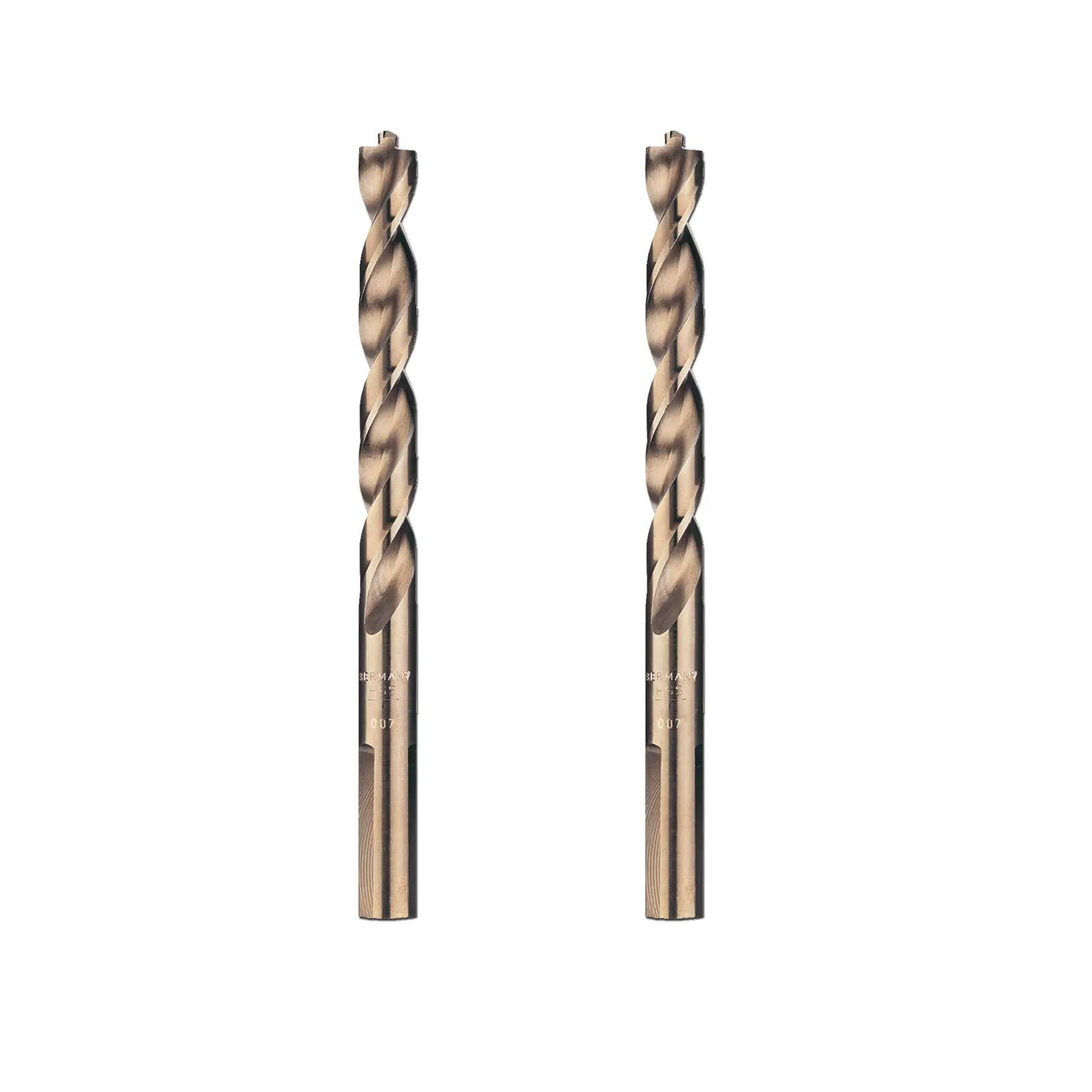 Dos brocas metálicas DEWALT con espirales, mostradas juntas sobre fondo blanco.