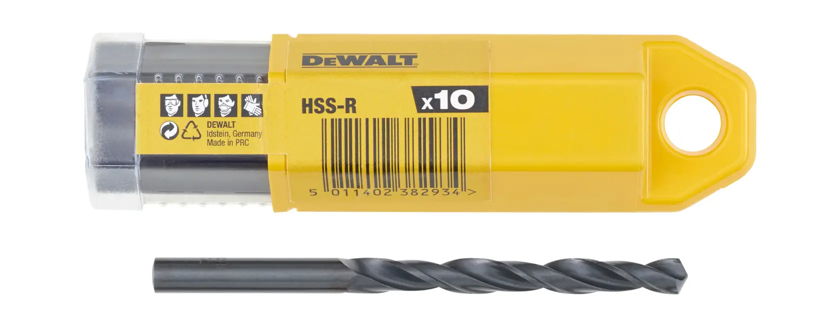 DEWALT HSS-R drill bit pack with yellow case and a single drill bit in front.