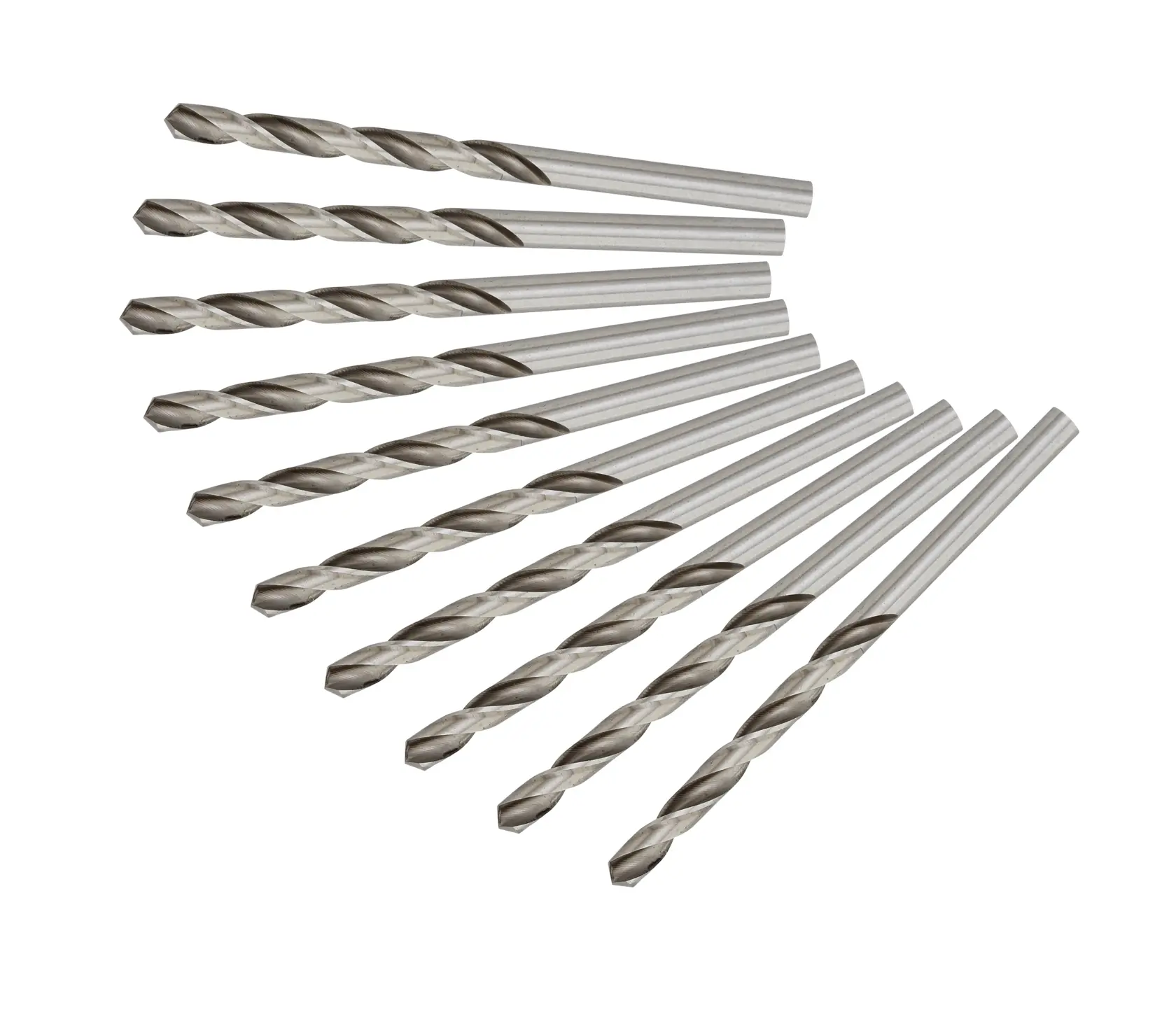 Set of ten DEWALT metal drill bits arranged in a fan shape on a white background.