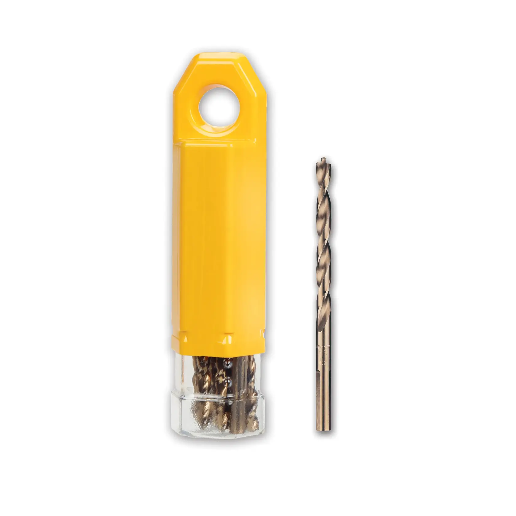 Juego de brocas DEWALT DT5540 en estuche amarillo junto a una broca metálica sobre fondo blanco.