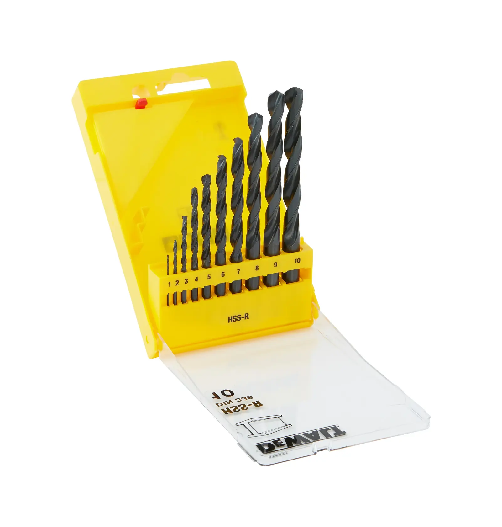 DEWALT DT5911 photography of yellow drill bit set in open plastic case, assorted sizes visible, angled view.