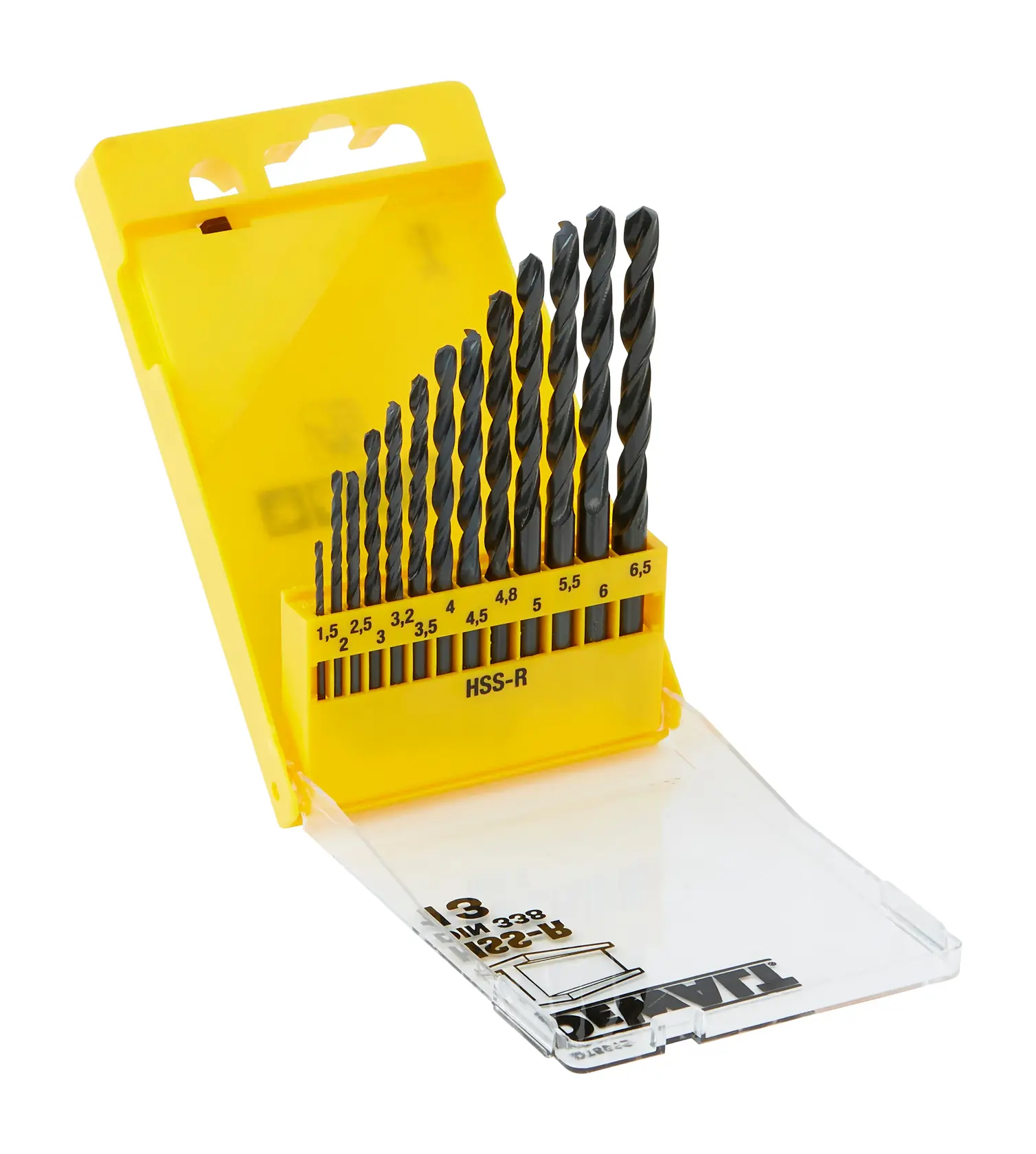 Photo of DEWALT DT5912 drill bit set with yellow case, 13 pieces, assorted sizes, angled on white background.