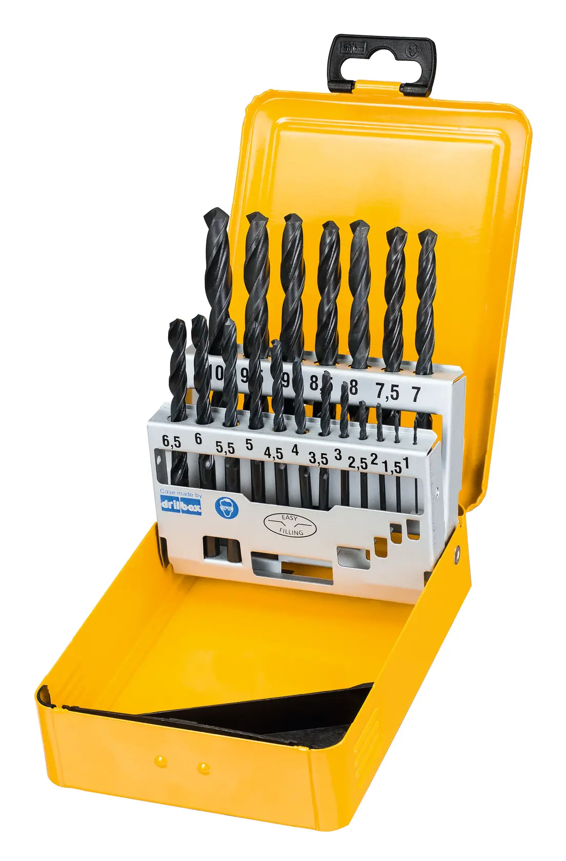 DEWALT DT5913 metal drill bit set in yellow case, assorted sizes, front angle photo.
