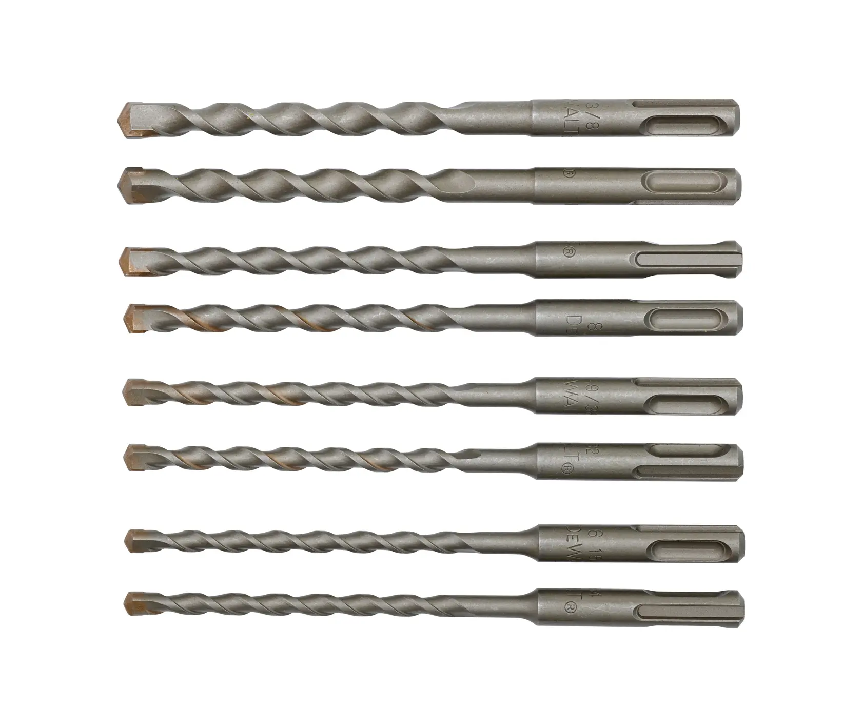 Eight SDS drill bits arranged in a row on a white background. The drill bits are metallic with spiral grooves and flat heads.