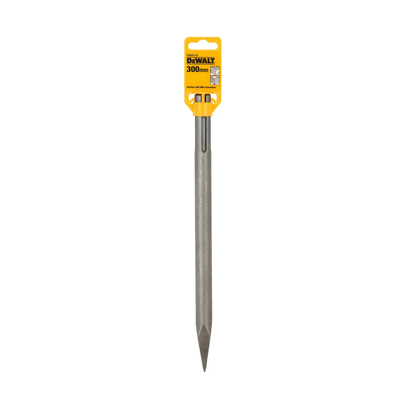 DEWALT 300mm pointed chisel SDS for demolition or masonry. Silver body, yellow branded top.