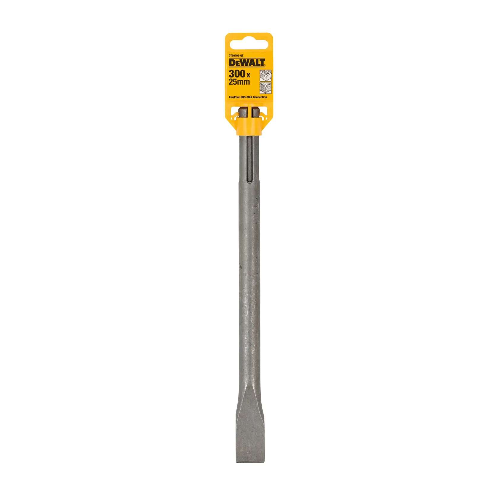 DEWALT chisel, 300x25mm SDS Max. Flat metal tool with yellow label for concrete and masonry.