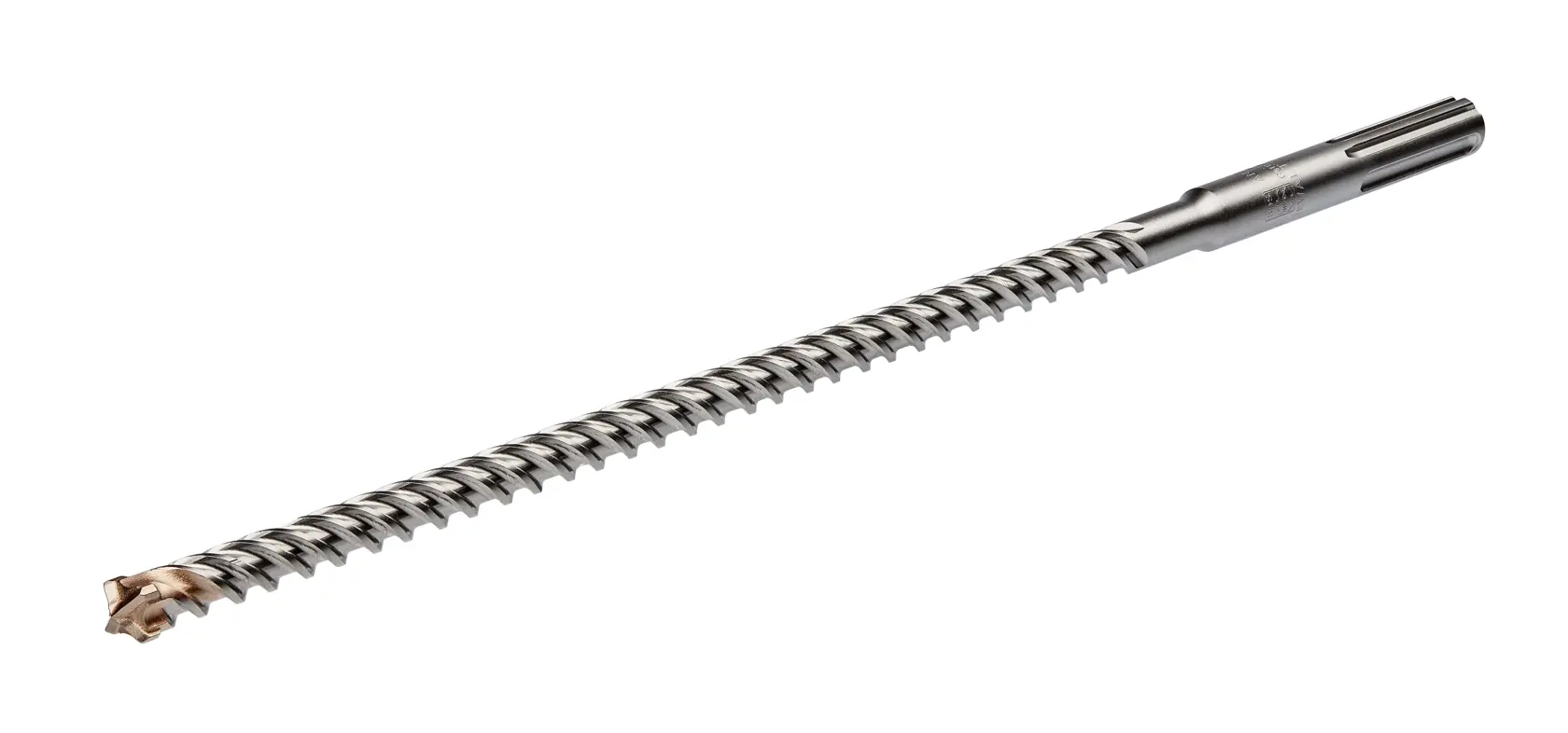 A DEWALT DT60809 SDS-Plus hammer drill bit with a spiral flute and carbide tip, designed for drilling into concrete and masonry, shown against a white background.