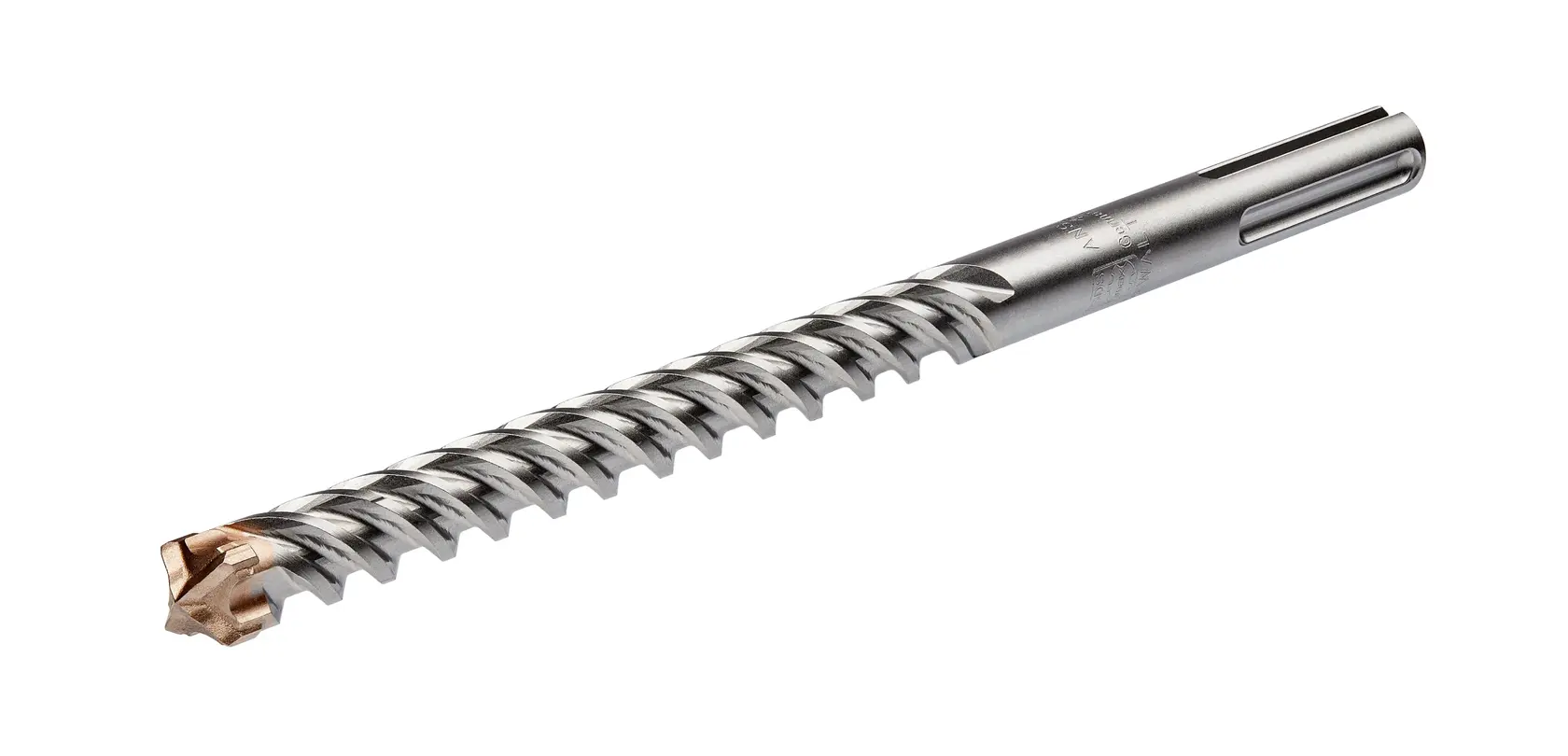 DEWALT DT60813 SDS-plus masonry drill bit, silver with carbide tip, product photography, side angle.