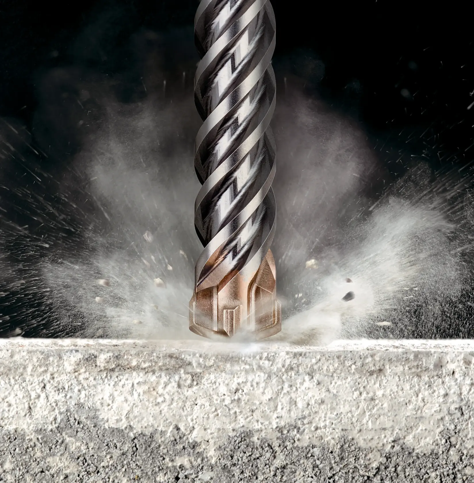 DEWALT concrete drill bit closeup with dust, SKUs DT60820, DT60820-QZ, photography category.