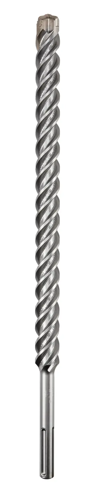 Photo of DEWALT DT60830 SDS-Plus masonry drill bit, silver spiral design, upright, white background.