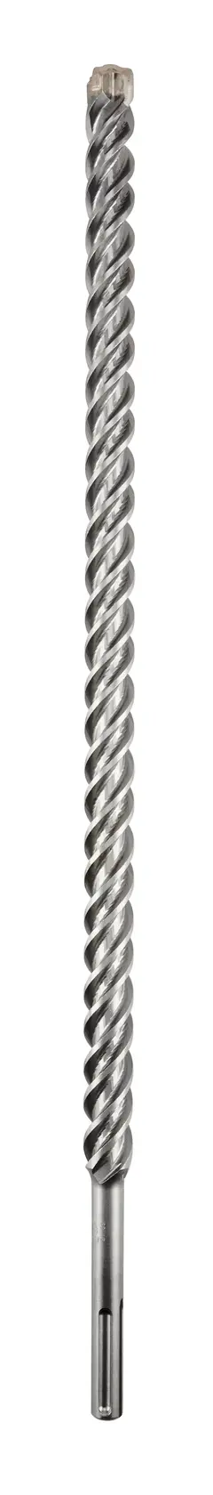 Photo of DEWALT DT60832 long spiral masonry drill bit, silver metal, front angle, on white background.