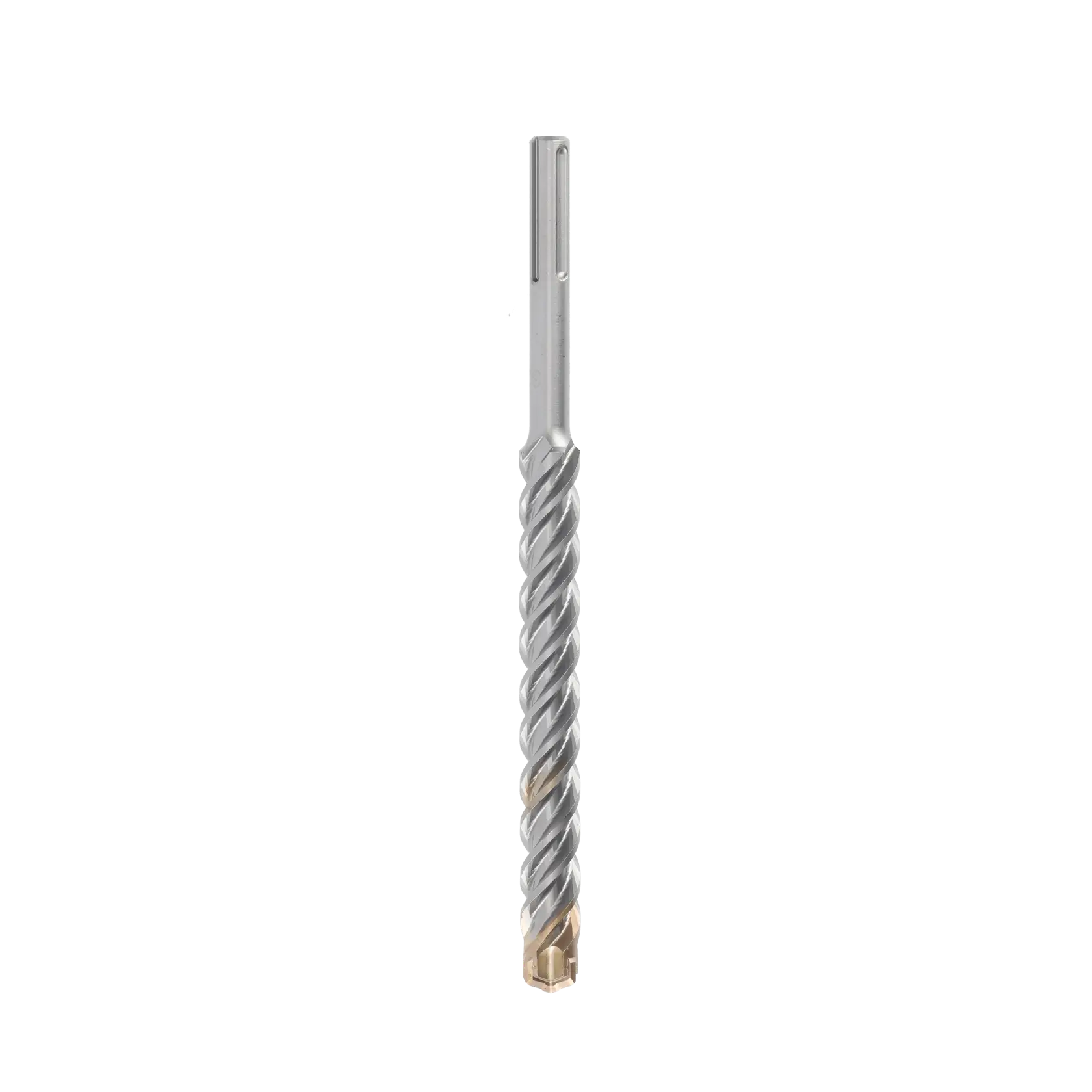 SDS-plus masonry drill bit with spiral design, silver and gold tip, suitable for concrete and stone drilling.