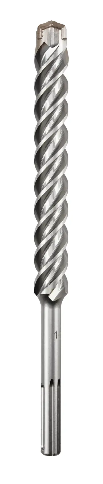 Photo of DEWALT DT60834 masonry drill bit, silver, spiral design, front angle, tool accessory on white background.