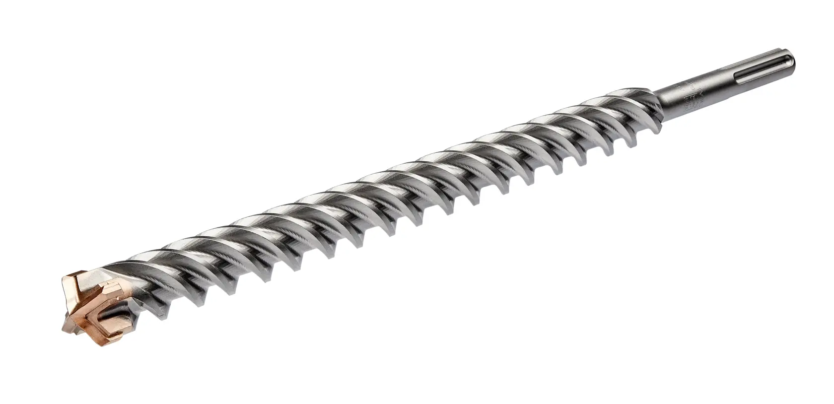 A DEWALT DT60838 SDS masonry drill bit with a spiral flute and a multi-edged tip, photographed on a white background.