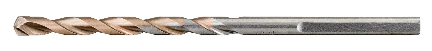 Metal drill bit with spiral grooves shown on white background, designed for precision drilling tasks.