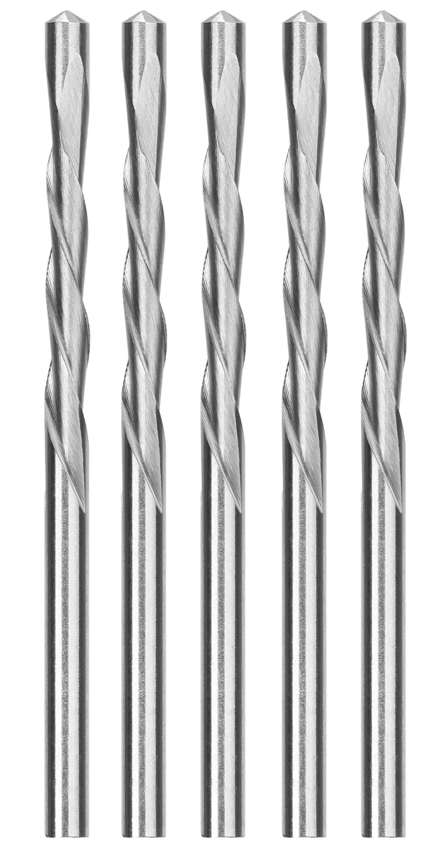 Five DEWALT metal drill bits in a vertical row, silver color, shown on a white background.