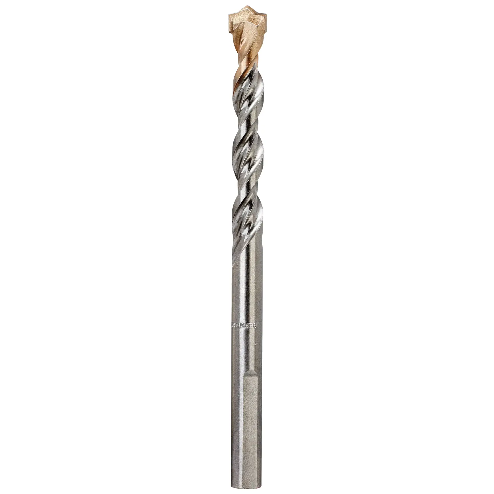 A close-up image of a DEWALT DT6689 masonry drill bit, featuring a twisted steel body and a carbide tip designed for drilling into hard materials such as concrete and stone.