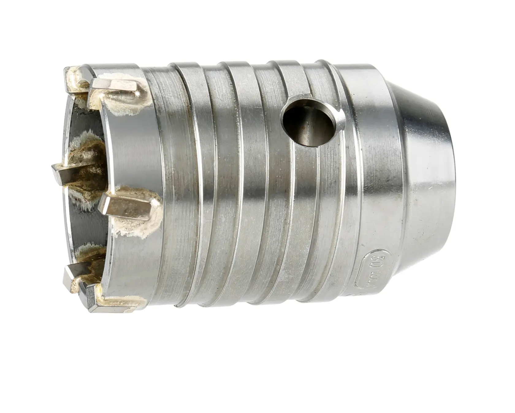 DEWALT metal core drill bit, DT6745-QZ, DT6745, side view, silver, ridged design for masonry and concrete drilling.