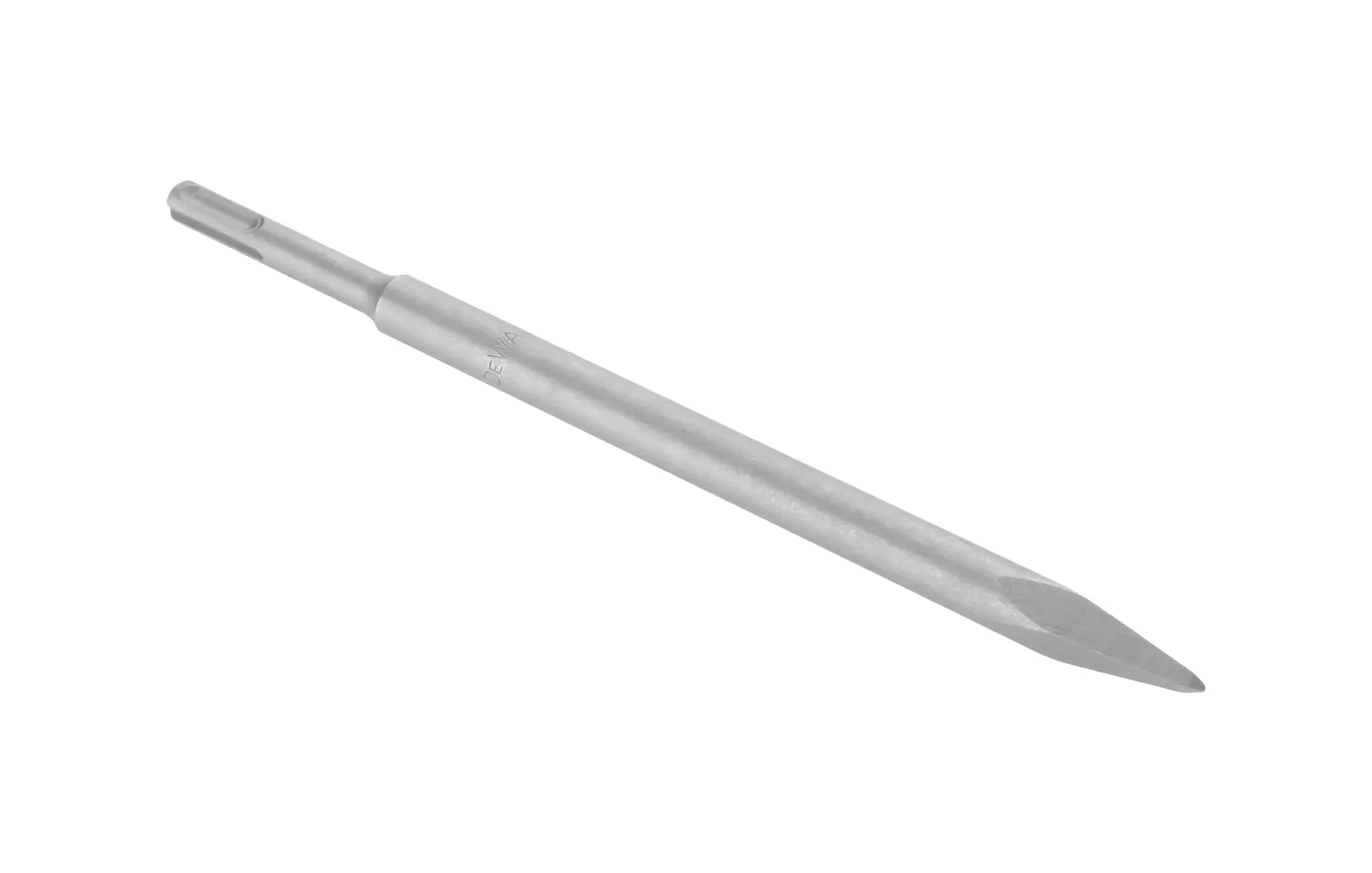 DEWALT SDS Plus pointed chisel, silver, SKUs DT6801-QZ, DT6801, side angle photo, hand tool accessory.