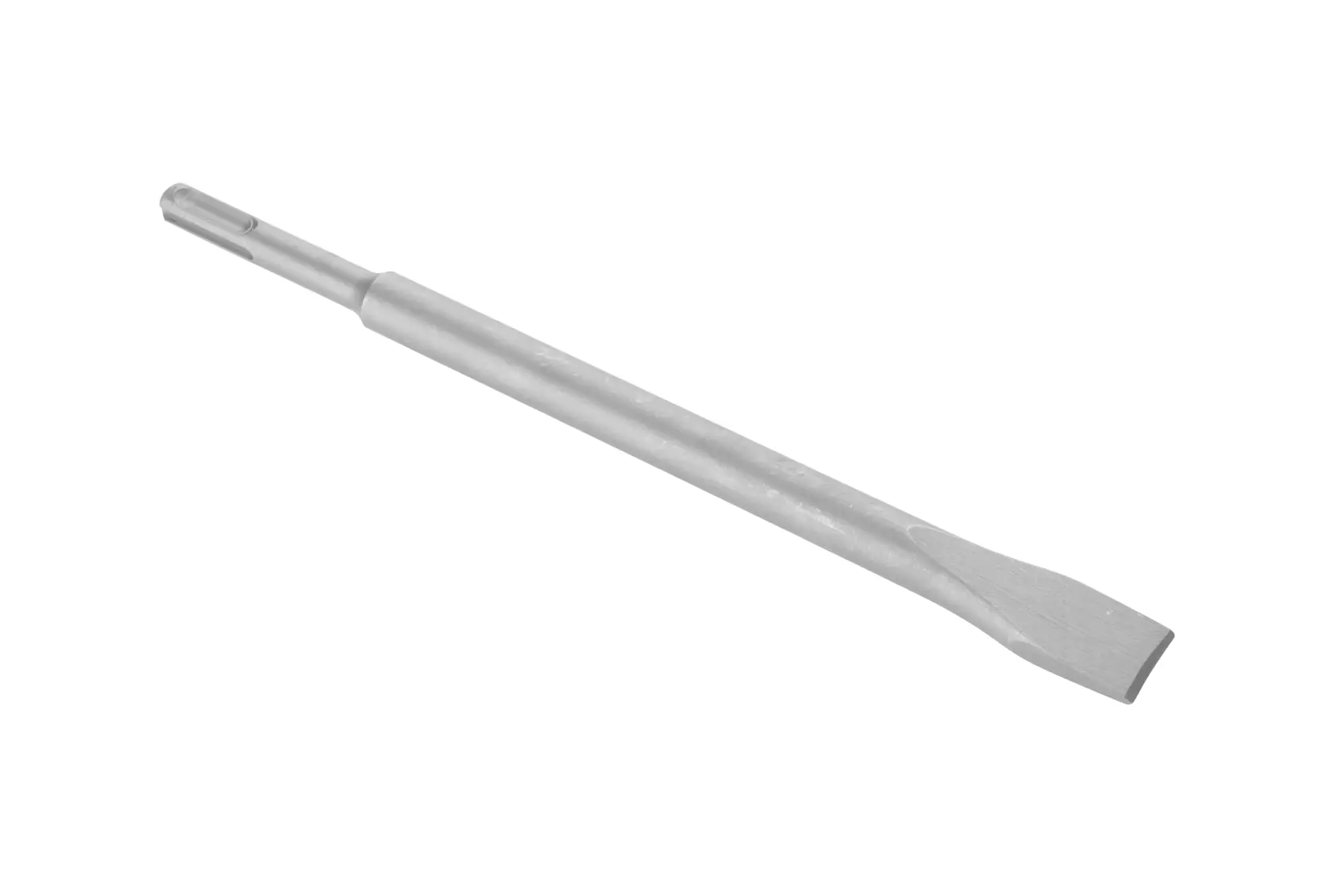 Flat chisel bit for rotary hammer, made of metal, with SDS-plus shank, used for breaking or chiseling surfaces.
