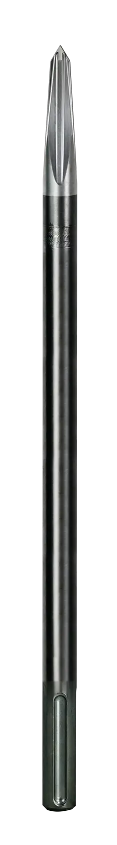 Long, metal chisel bit with pointed end for use with rotary hammer drills, shown on a white background.