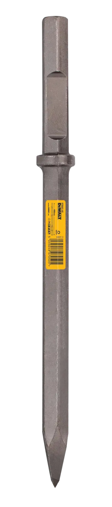 Photo of DEWALT pointed chisel, steel, yellow label, SKUs DT6927, DT6927-QZ, front angle on white background.