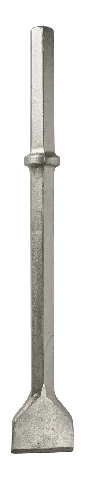 Photo of DEWALT chisel DT6932, DT6932-QZ, silver, flat blade, upright on white background, photography.