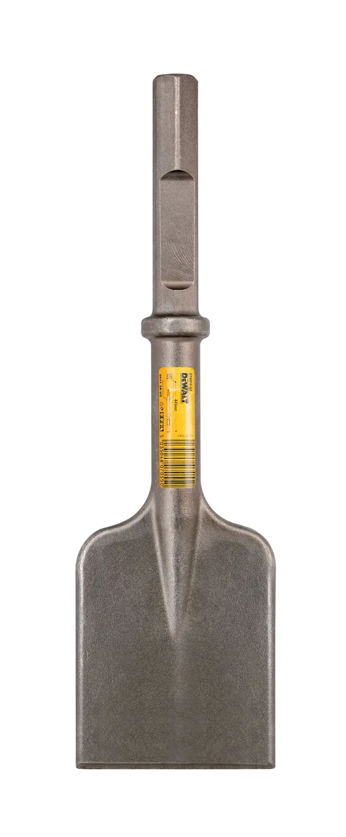 Photo of DEWALT flat chisel DT6934-QZ, DT6934. Steel tool with yellow label, product on white background.