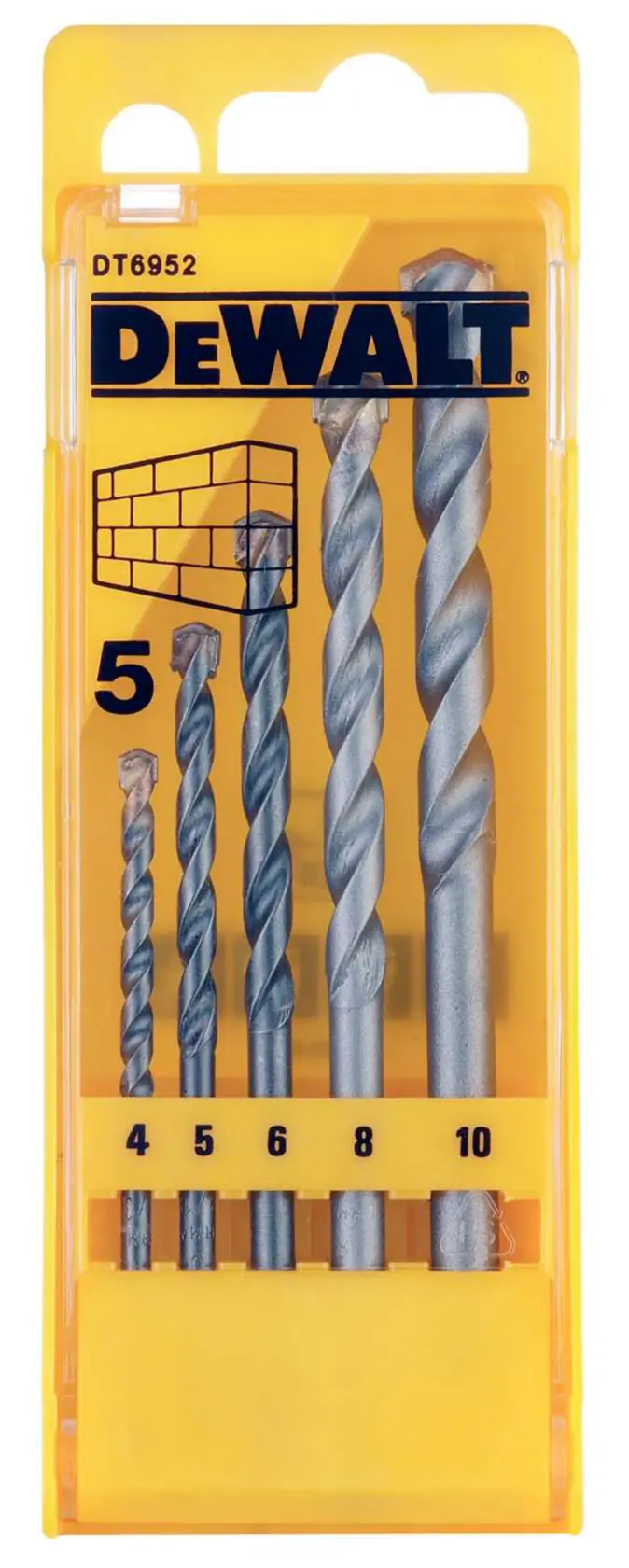 Photo of DEWALT masonry drill bit set, yellow case, DT6952-QZ, DT6952, 5 bits, front angle.