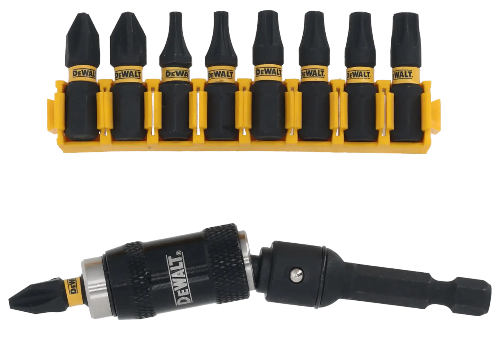 DEWALT DT70518T screwdriver bit set with black and yellow bits and quick-release holder on white background.