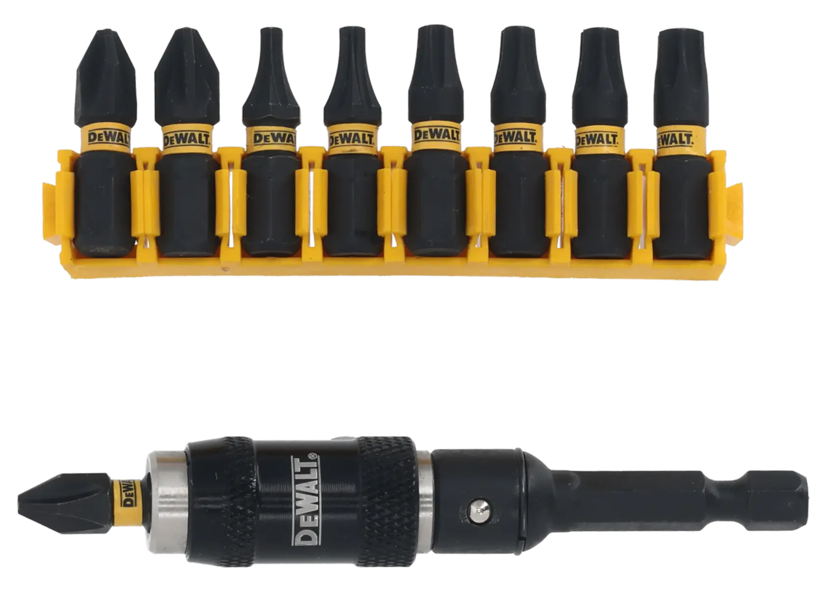 DEWALT DT70518T screwdriver bit set with black and yellow handle and 8 bits, top view, white background.
