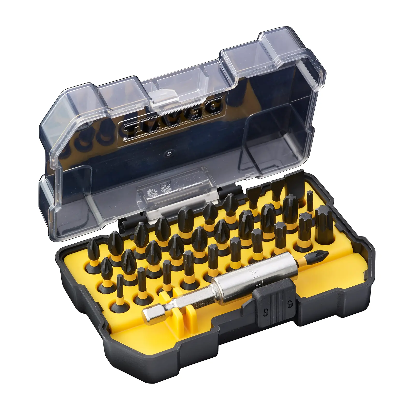 Photo of DEWALT bit set in yellow case, DT70523T-QZ, DT70523T, photography, front angle, black bits visible.