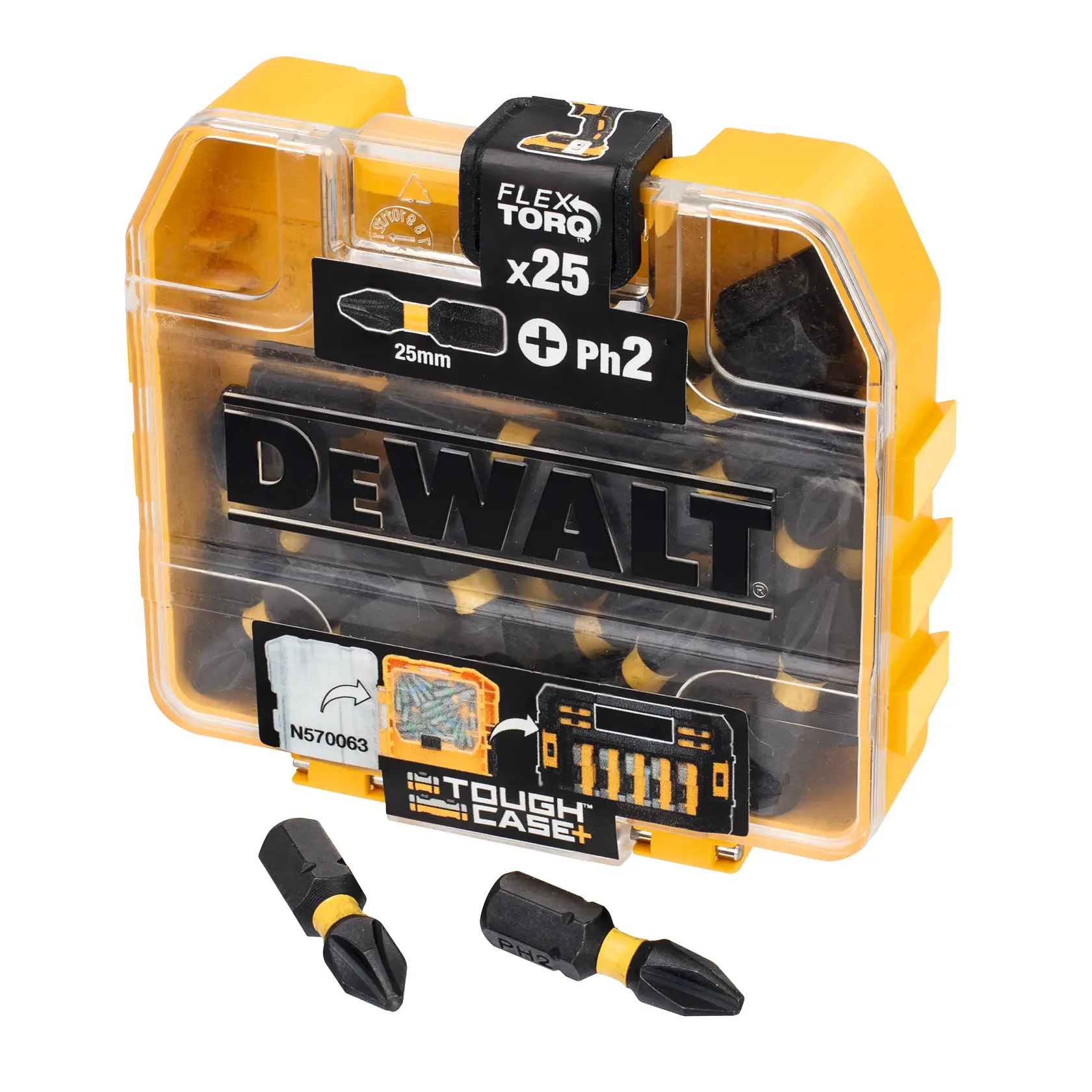 DEWALT FlexTorq bit set in yellow tough case, contains 25 screwdriver bits, two bits shown outside.