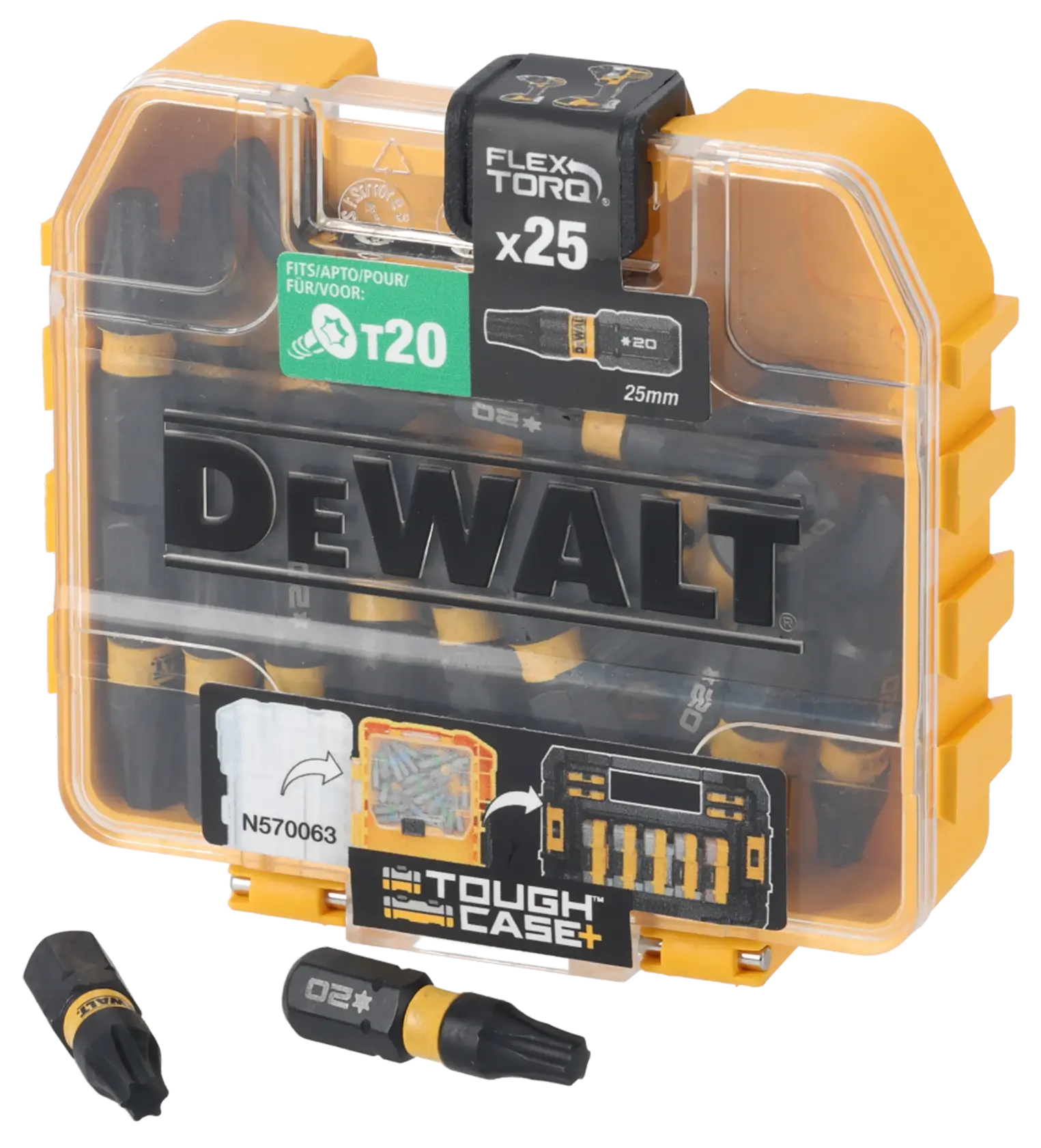 DEWALT DT70557T Tough Case with 25 Torx T20 screwdriver bits, durable yellow and black storage box.