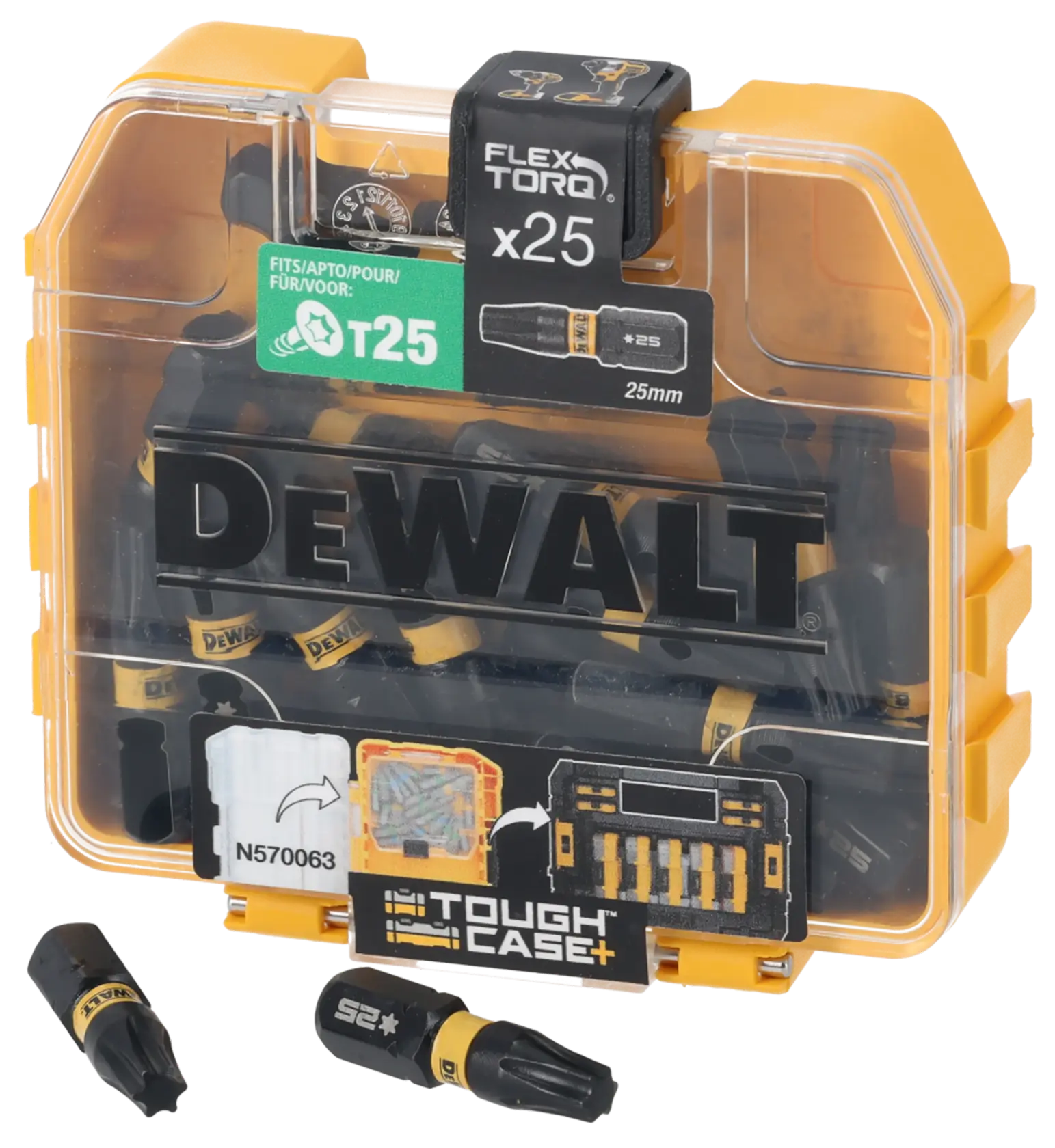 DEWALT FlexTorq T25 tough case set with 25 screwdriver bits. Clear box with yellow and black branding.