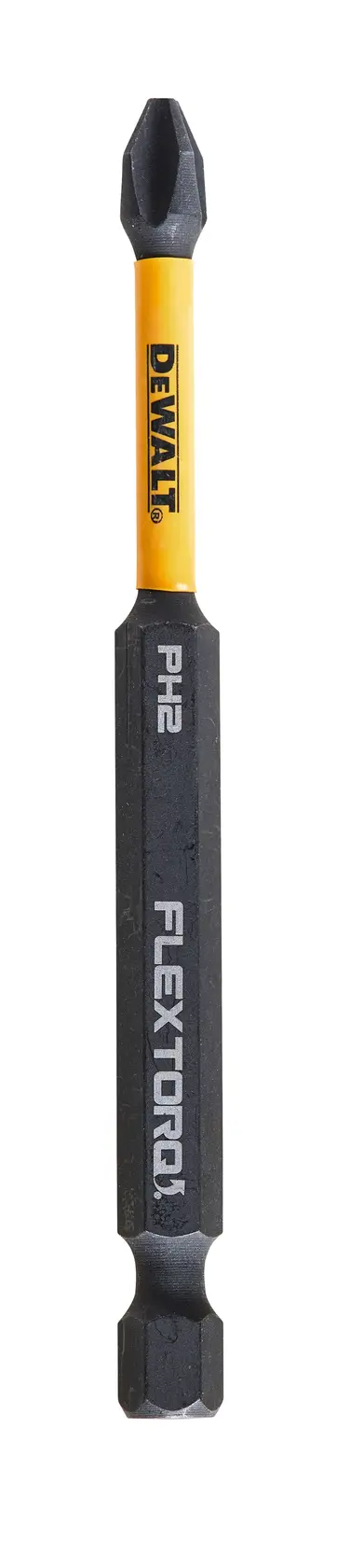 Photo of DEWALT screwdriver bit, black and yellow, SKUs DT70567T, DT70567T-QZ, upright, white background.