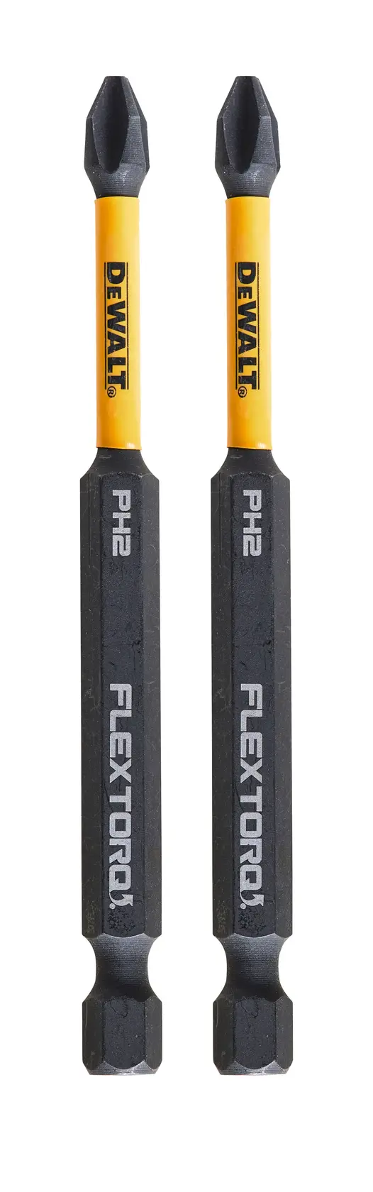 Photo of two DEWALT screwdriver bits, black and yellow, FLEXTORQ PH2. SKUs: DT70567T, DT70567T-QZ, front view.