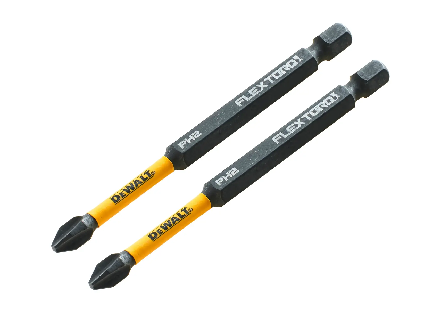 Photo of 2 DEWALT screwdriver bits, PH2, black and yellow, DT70567T, DT70567T-QZ, studio angle.