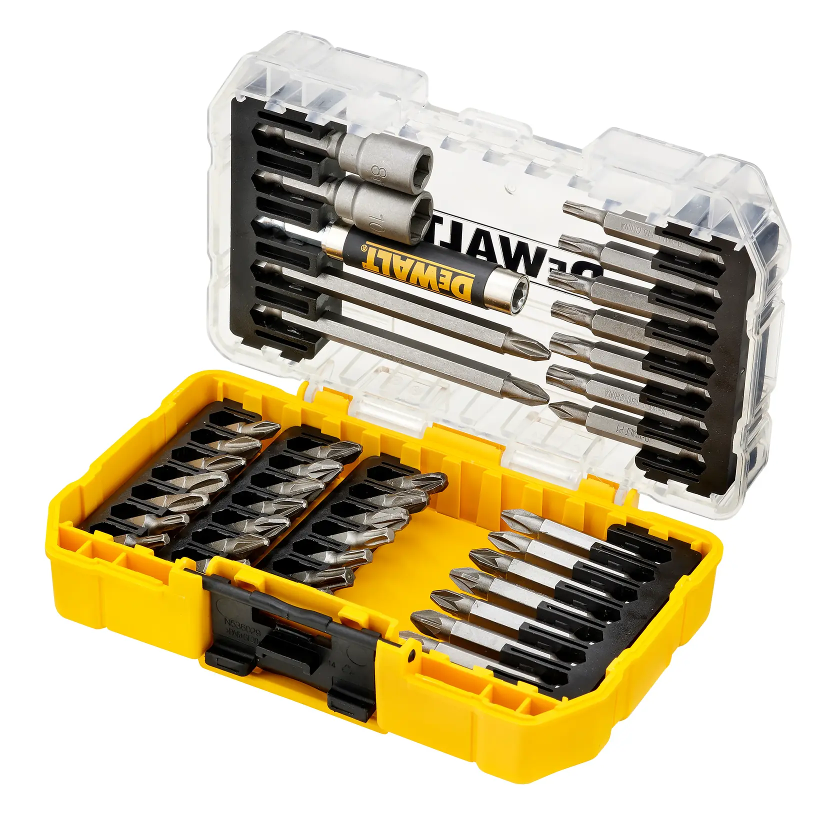 DEWALT DT70702 drill bit set in yellow case, open lid, various screwdriver bits and sockets visible, front angle.