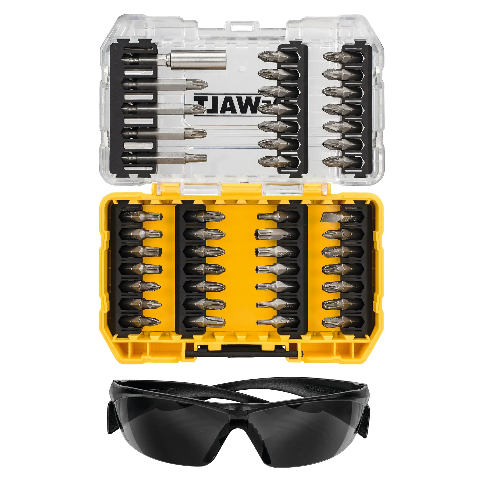 DEWALT DT70703-QZ, DT70703 bit set in yellow case with clear lid and black safety glasses, photography, front view.