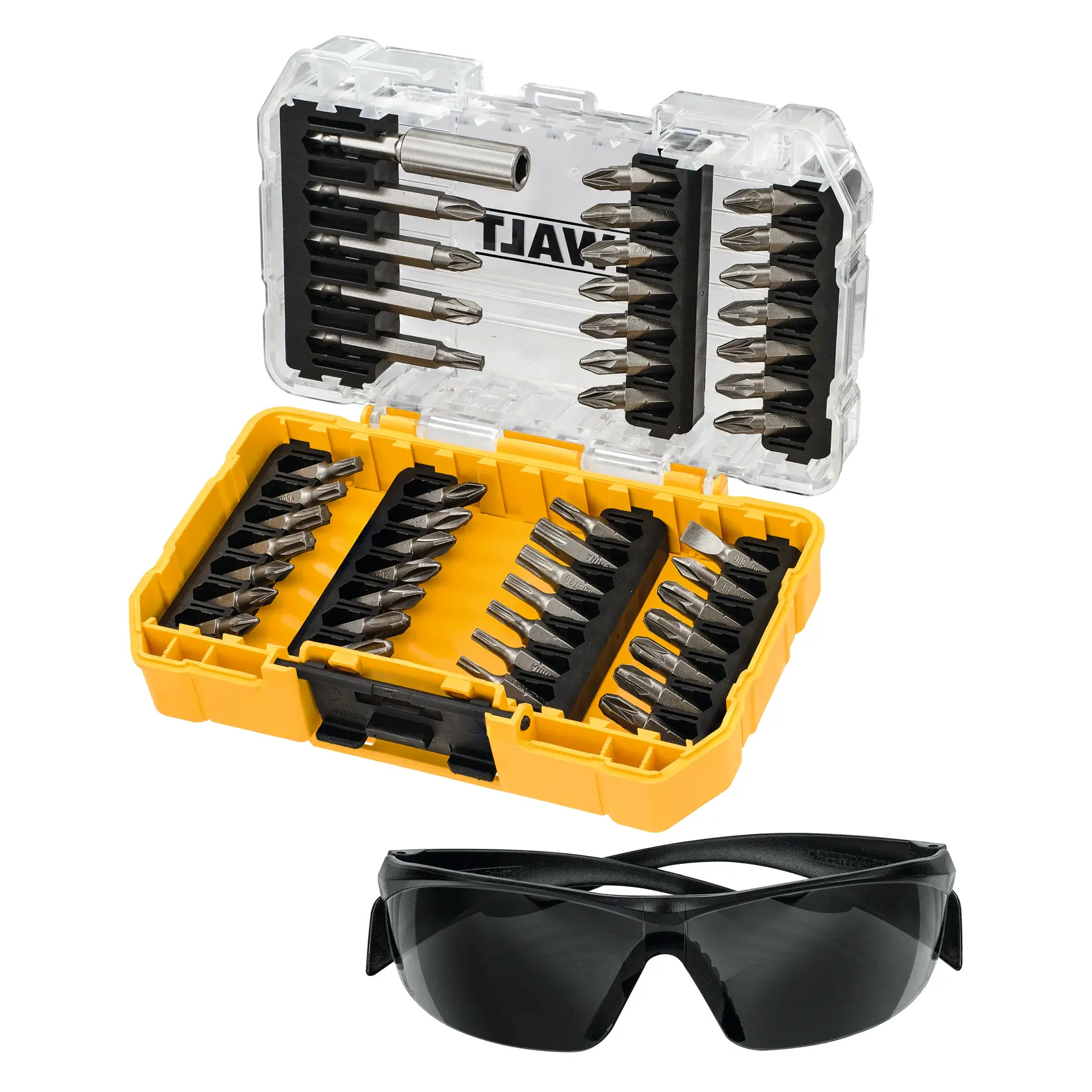 DEWALT DT70703-QZ, DT70703 yellow drill bit set in case with black safety glasses, white background.