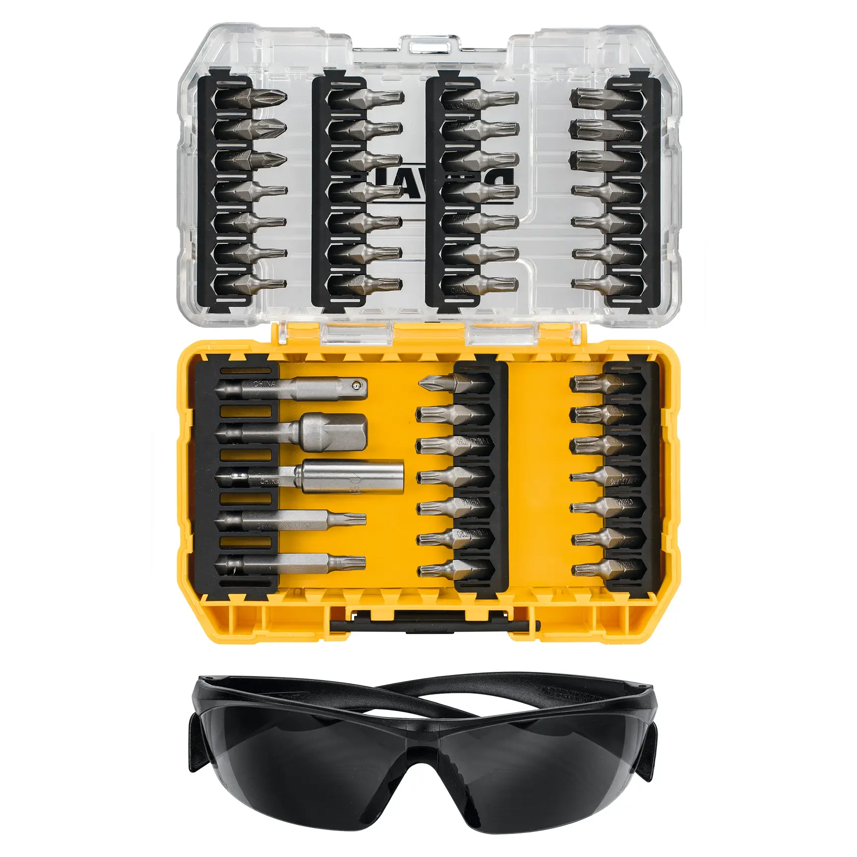 DEWALT drill bit set with case and safety glasses, SKUs DT70704, DT70704-QZ, top-down view on white background.