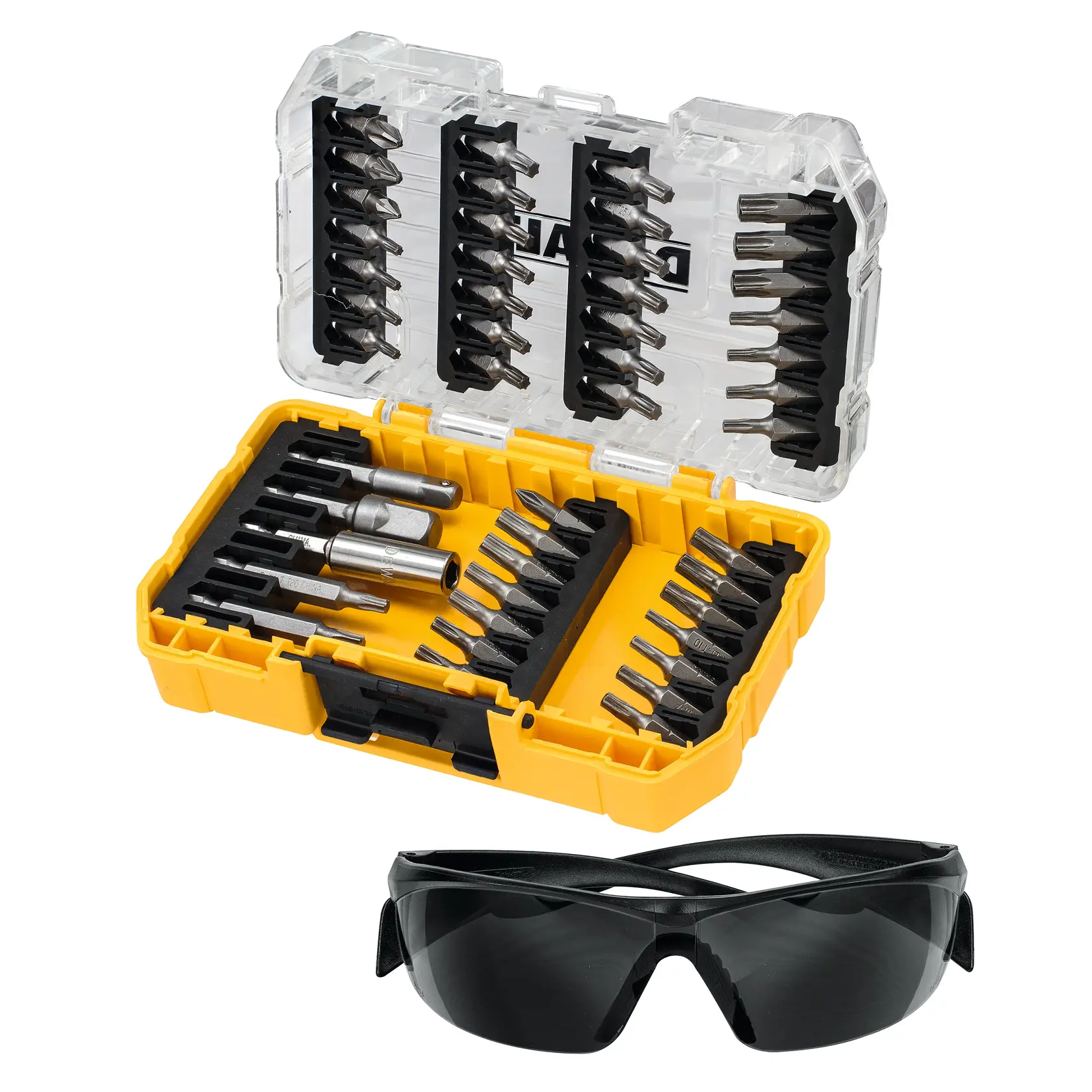 DEWALT DT70704, DT70704-QZ bit set in yellow case with clear lid and safety glasses, front angle.
