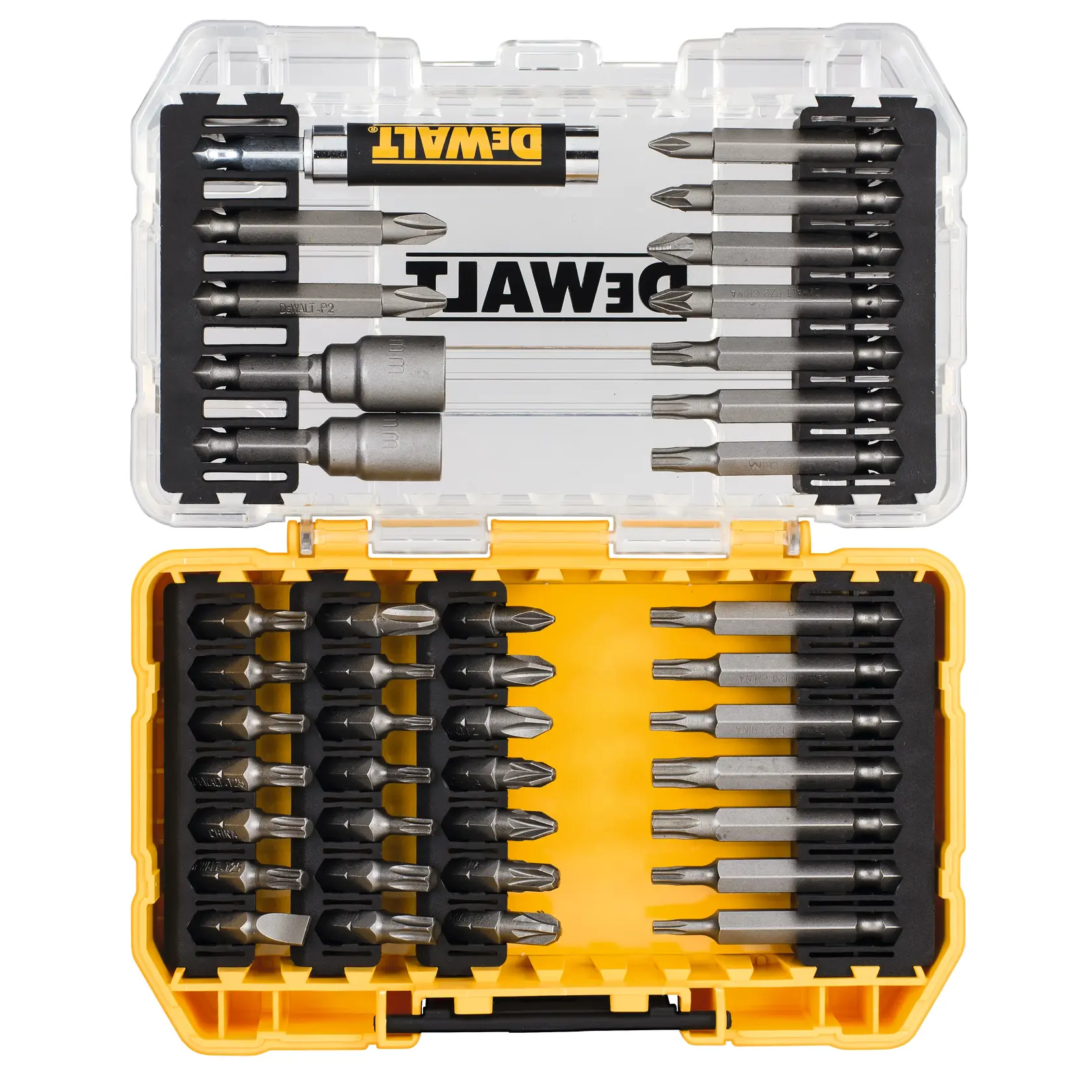 DEWALT screwdriving bit set in yellow case, SKUs DT70705, DT70705-QZ, top-down view, photo for photography category.