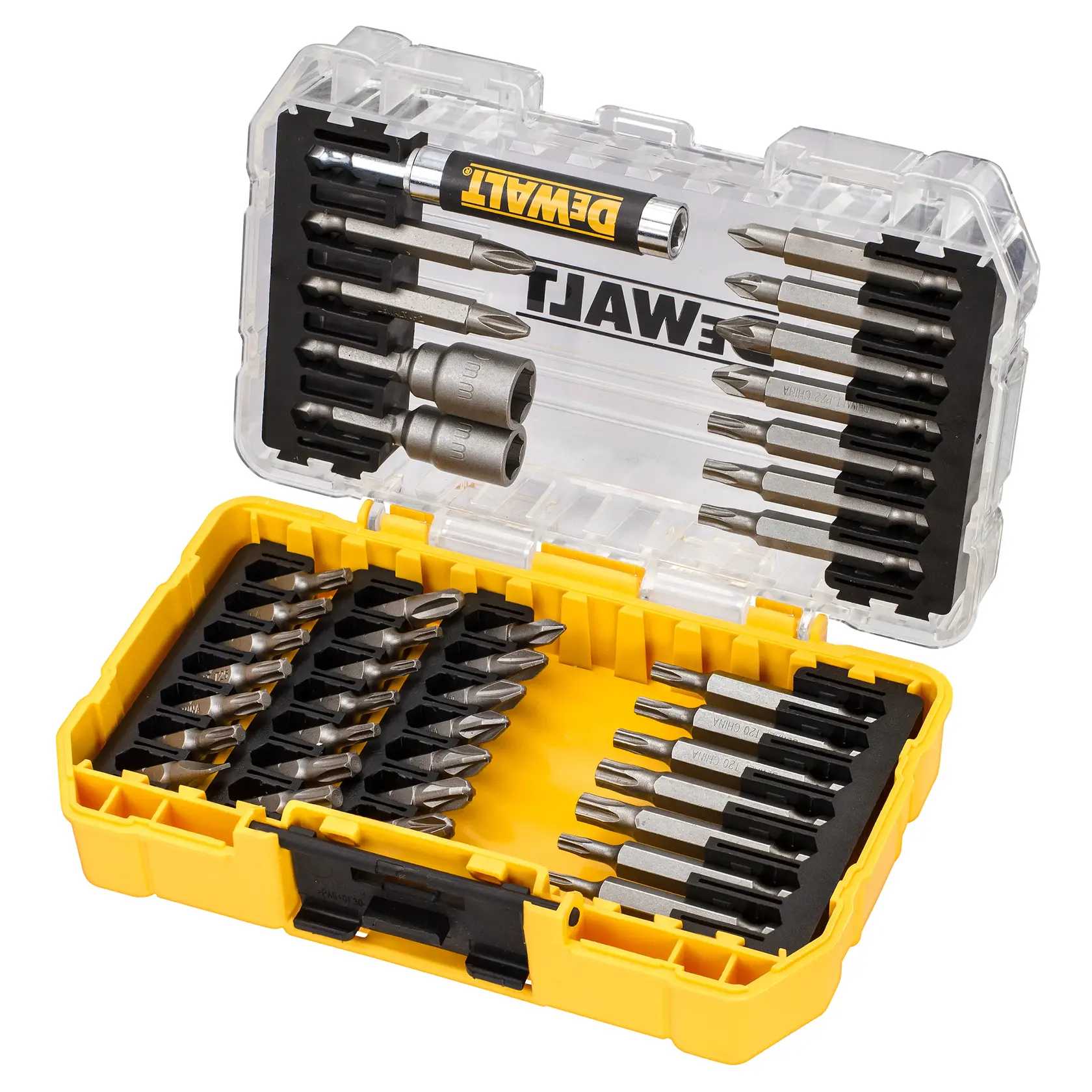 Photo of DEWALT drill bit set in yellow box, SKUs DT70705, DT70705-QZ, open case showing bits inside.