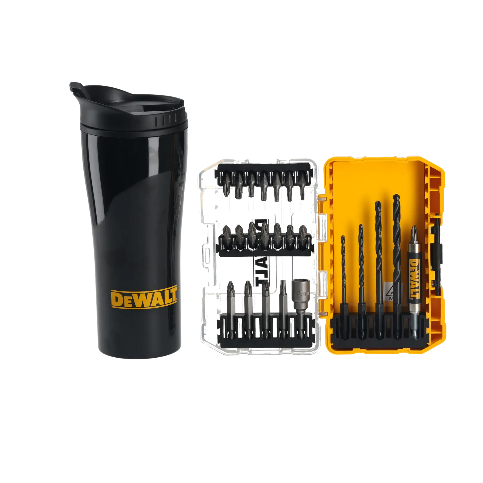 Photo of DEWALT DT70707, DT70707-QZ travel mug and drill bit set, kit open on white background.