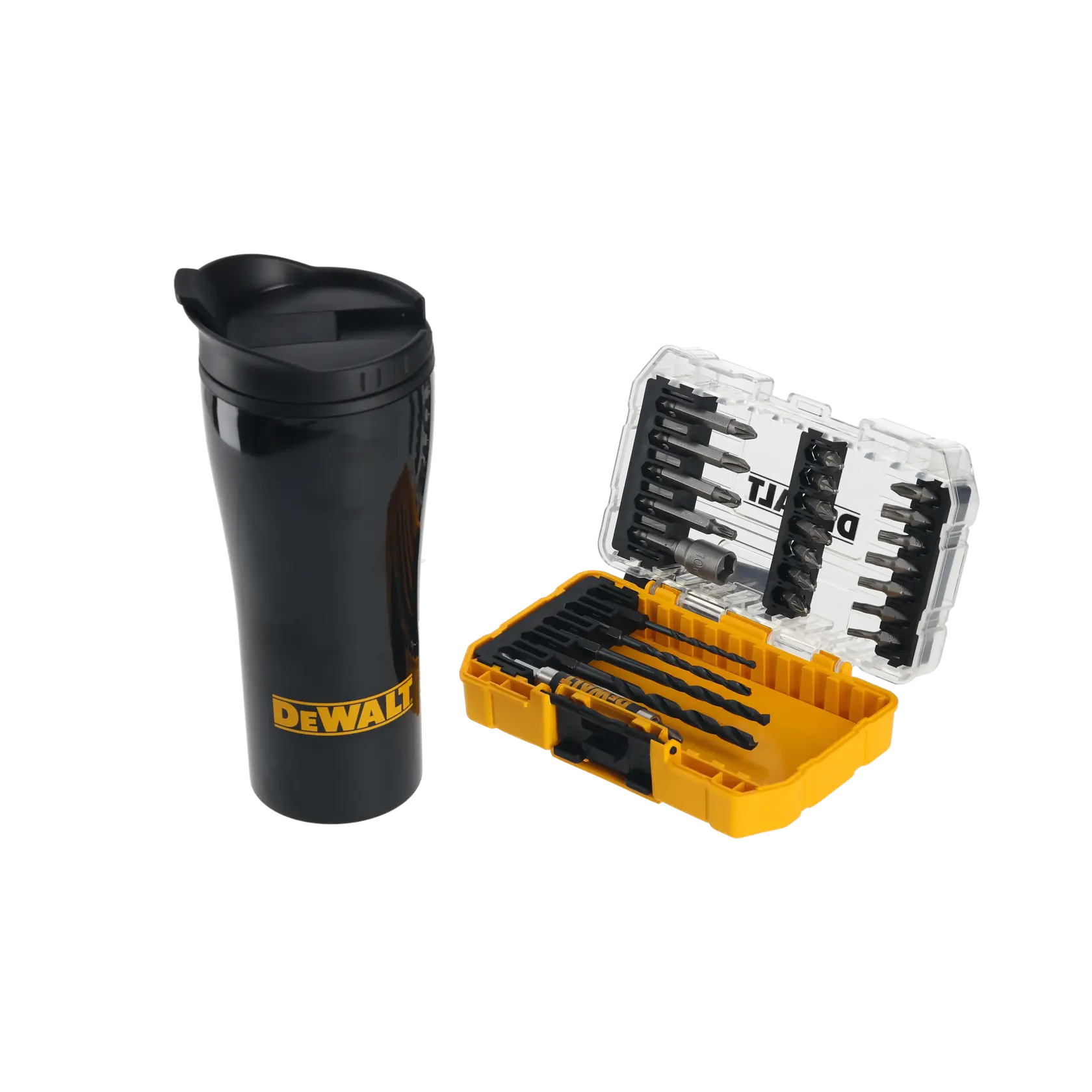 DEWALT DT70707, DT70707-QZ drill bit set in yellow case and black travel mug, side view, white background.