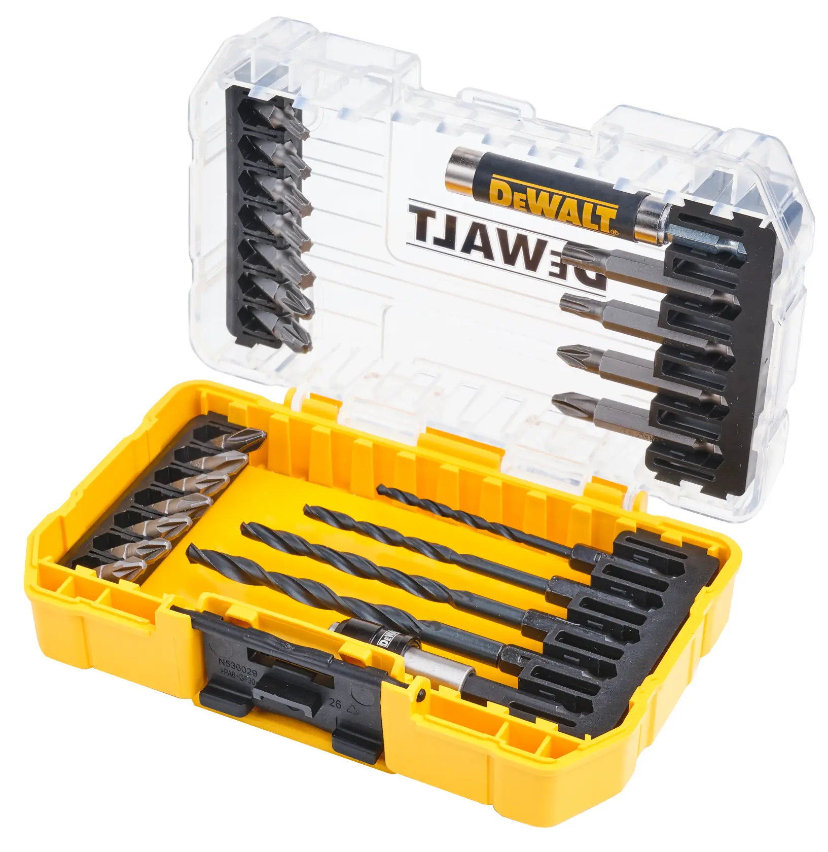DEWALT drill and bit set in yellow case, SKUs DT70708-QZ, DT70708, photo on white background.